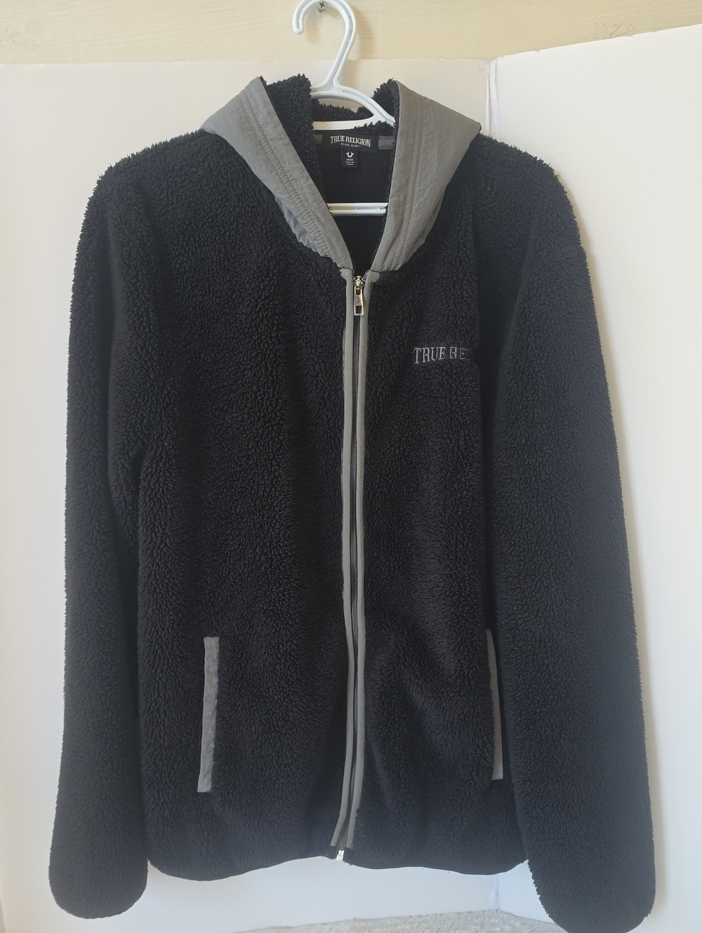 True Religion Black & Gray Sherpa Fleece Zip Up Hoodie Jacket Size M